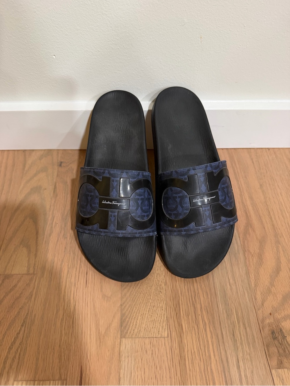 Salvatore Ferragamo Black and Navy Men's Slide Sandals with Signature Logo Strap